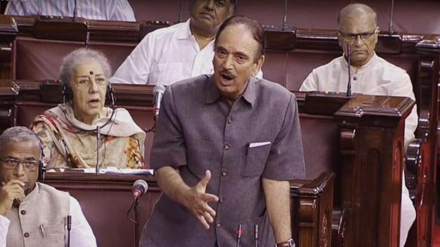 Congress MP Ghulam Nabi Azad in Rajya Sabha on Monday after BJP-led national coalition’s moved to scrap Article 370 in J&K.(ANI Photo/Screengrab)