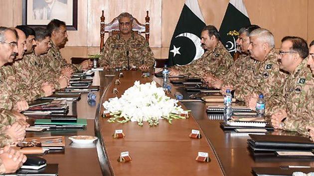 Pakistan Army Chief General Qamar Javed Bajwa at a Corps Commanders' Conference in Rawalpindi on Tuesday. (AFP) Pakistan Army Chief General Qamar Javed Bajwa at a Corps Commanders' Conference in Rawalpindi on Tuesday. (AFP)