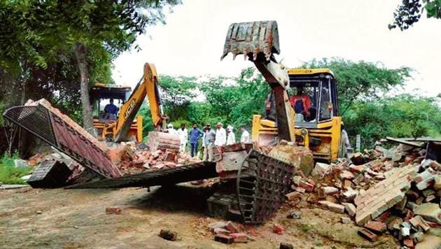 Delhi government’s revenue department undertook a demolition drive at Jounapur village in south Delhi on Tuesday, Aug 6, 2019.(HT Photo) Delhi government’s revenue department undertook a demolition drive at Jounapur village in south Delhi on Tuesday, Aug 6, 2019.(HT Photo)