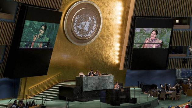 Indian External Affairs Minister Sushma Swaraj addresses the United Nations General Assembly, on September 23, 2017, at U.N. headquarters. Last month, the International Court of Justice ruled that Pakistan had violated former Indian naval officer Kulbhushan Jadhav’s right to consular access and called for a review of the death sentence handed to him by a military court at an appropriate forum of Islamabad’s choice. The ground work here was also laid out by Swaraj. (AP / PTI)
