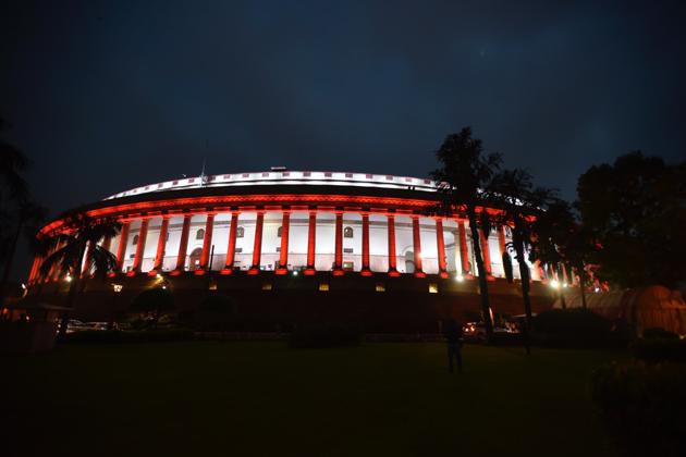 Parliament building illuminated as the 73rd Independence Day approaches, in New Delhi, India on Tuesday. Parliament building illuminated as the 73rd Independence Day approaches, in New Delhi, India on Tuesday.