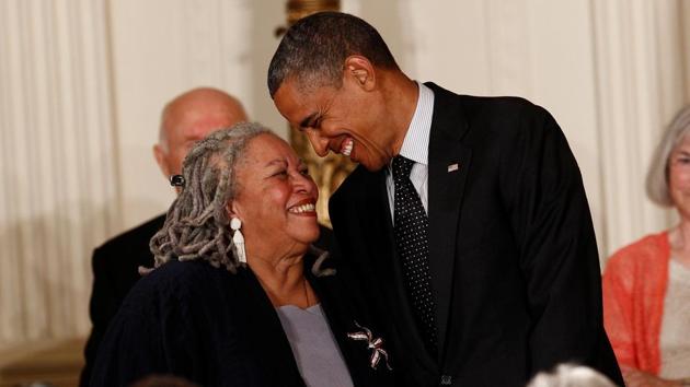 Toni Morrison smiles with then US President Barack Obama as he prepares to award her a 2012 Presidential Medal of Freedom during a ceremony in the East Room of the White House on May 29, 2012. “I remember reading ‘Song of Solomon’ when I was a kid and not just trying to figure out how to write, but also how to be and how to think,” Obama said, referring to her 1977 novel. (Kevin Lamarque / REUTERS File)
