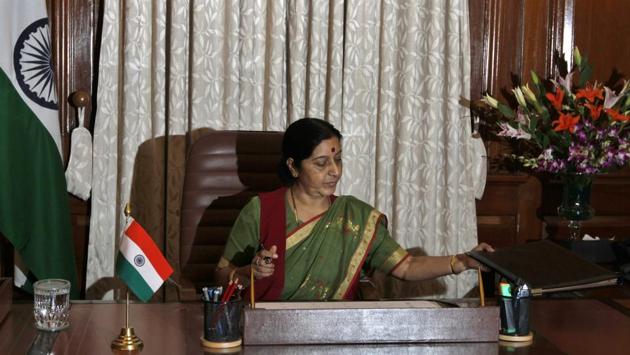 Sushma Swaraj on the first day after taking charge as Union Minister for External Affairs at South Block in New Delhi, India, on May 28, 2014. (Arvind Yadav / HT Archive)