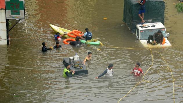 A view of the flood situation in Kolhapur, Maharashtra, India, on Wednesday, August 7, 2019. (Photo by(Anil Velhal / HT photo)