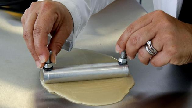 That substance is then mixed with non-toxic additives and stretched to produce sheets which are colored with pigments and folded to form different types of packaging. “What we’re doing is trying to concentrate on objects that don’t have a long life,” she said, particularly “single-use” packaging. (Ulises Ruiz / AFP)