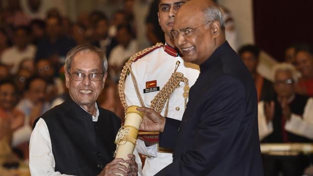 President Ram Nath Kovind confers Bharat Ratna upon former president Pranab Mukherjee during a ceremony at Rashtrapati Bhavan, in New Delhi, Thursday, Aug 8, 2019. (PTI) President Ram Nath Kovind confers Bharat Ratna upon former president Pranab Mukherjee during a ceremony at Rashtrapati Bhavan, in New Delhi, Thursday, Aug 8, 2019. (PTI)