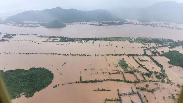 An aerial view of flood-affected Andhra Pradesh.(PTI PHOTO.)