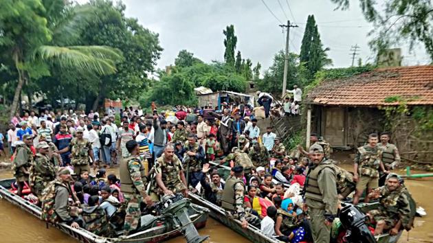 Indian Air Force teams carry out flood relief operations in Belagavi on Friday.(Photo: ANI)