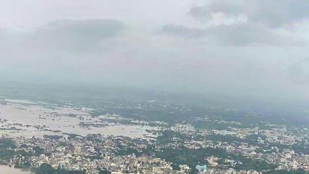 An aerial view of flood-affected areas in Sangli. (PTI) An aerial view of flood-affected areas in Sangli. (PTI)