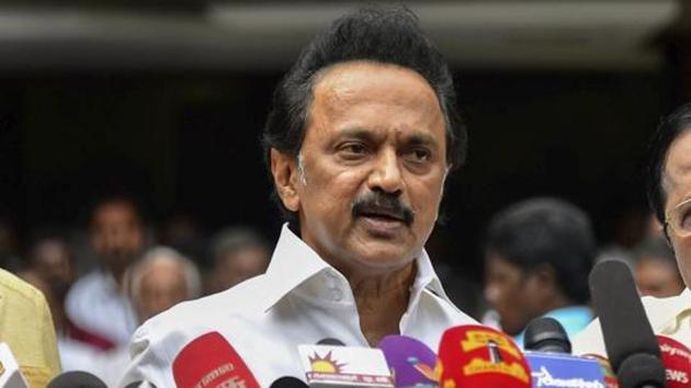 DMK chief M K Stalin addresses the media after the party won the Vellore LS seat. (PTI PHOTO.) DMK chief M K Stalin addresses the media after the party won the Vellore LS seat. (PTI PHOTO.)