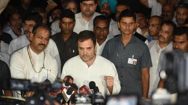 Rahul Gandhi speaks to the media after coming out of the Congress Working Committee meeting.(HT PHOTOS)
