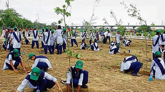 Students at a drive in the Sector 91 Biodiversity Park, Noida. Over 10,67,992 saplings were planted in GB Nagar.(Virendra Singh GOsain/HT)