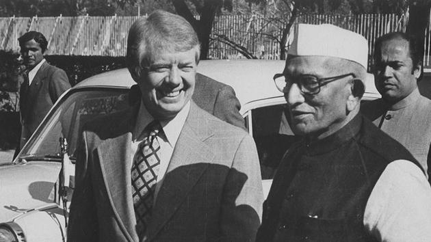 02 January 1978 - US president Jimmy Carter greets Prime Minister Morarji Desai At Roosevelt House in American Embassy the prime Minister attended a Private working lunch which was a continuation of the discussions began earlier in the day. (FILE) 02 January 1978 - US president Jimmy Carter greets Prime Minister Morarji Desai At Roosevelt House in American Embassy the prime Minister attended a Private working lunch which was a continuation of the discussions began earlier in the day. (FILE)
