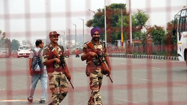 Paramilitary personnel patrol during the restrictions in Jammu on Friday. (ANI Photo) Paramilitary personnel patrol during the restrictions in Jammu on Friday. (ANI Photo)