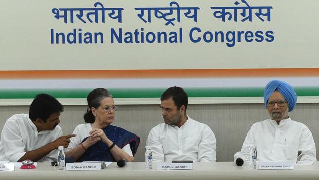 Senior Congress leaders Sonia Gandhi, Rahul Gandhi and former Prime Minister Manmohan Singh during Congress Working Committee (CWC) meeting, at AICC headquarter, in New Delhi. “Sonia Gandhi is the new Congress president,” party leader Ghulam Nabi Azad said after a meeting of the Congress Working Committee (CWC), the party’s highest policy-making body, ended at around 11pm. The CWC finally accepted the resignation Rahul Gandhi submitted as president on May 25. (Vipin Kumar / HT Photo) Senior Congress leaders Sonia Gandhi, Rahul Gandhi and former Prime Minister Manmohan Singh during Congress Working Committee (CWC) meeting, at AICC headquarter, in New Delhi. “Sonia Gandhi is the new Congress president,” party leader Ghulam Nabi Azad said after a meeting of the Congress Working Committee (CWC), the party’s highest policy-making body, ended at around 11pm. The CWC finally accepted the resignation Rahul Gandhi submitted as president on May 25. (Vipin Kumar / HT Photo)