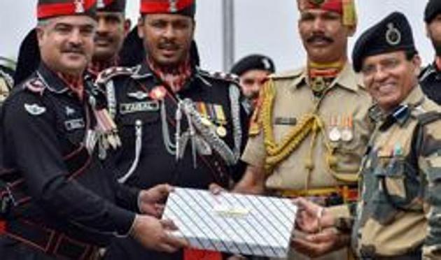 Uncertainty prevailed over exchange of sweets between Border Security Force (BSF) and Pakistan Rangers at Attari-Wagah border on the occasion of Eid-al-Adah on Monday.(PTI photo)
