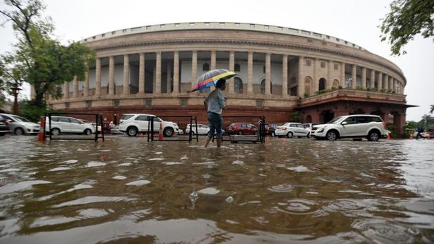 Water logging after rain seen at Parliament House premises, in New Delhi. (Sonu Mehta / HT Photo) Water logging after rain seen at Parliament House premises, in New Delhi. (Sonu Mehta / HT Photo)
