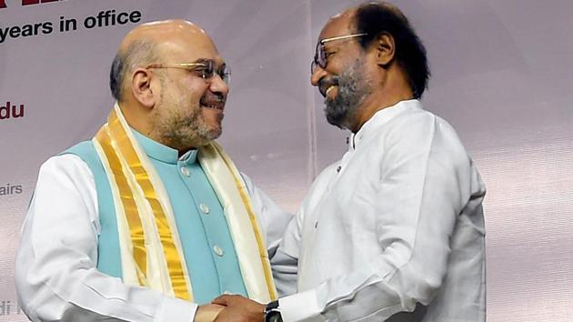 Union Home Minister Amit Shah with actor Rajinikanth during the release of the book “Listening, Learning and Leading”, a chronicle of the Vice President of India's two years in office, at a function in Chennai, Sunday, Aug 11, 2019.(PTI)