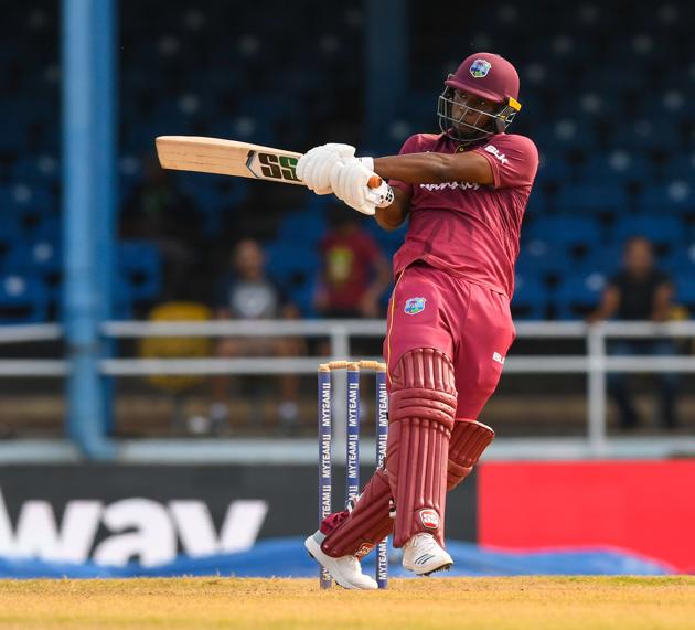 Evin Lewis of West Indies hits 4 during the 2nd ODI match between West Indies and India. (AFP)