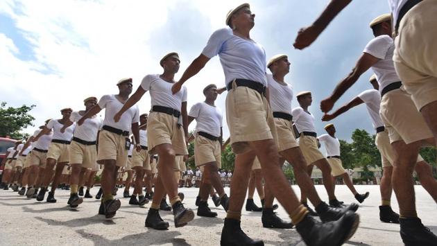 The cadets are being trained to march by the Central Industrial Security Force (CISF) personnel. They will march in the presence of the Lieutenant-Governor of Delhi Anil Baijal on August 14. (Raj K Raj / HT Photo) 