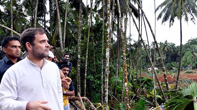 Congress leader Rahul Gandhi visits Kavalappara, the landslide site, Bhoothanam where many people are still trapped as rescue operations are still going on Sunday.(ANI Photo)