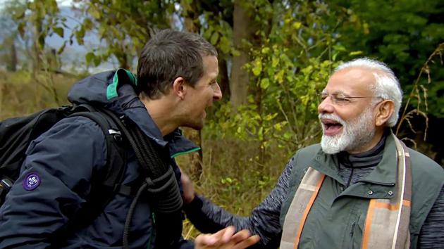 Prime Minister Narendra Modi and popular host and adventurer Bear Grylls during television show 'Man vs Wild' at Jim Corbett National Park in Uttarakhand.(ANI Photo)