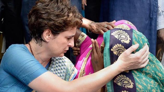 Congress General Secretary Priyanka Gandhi Vadra consoles a family member of Sonbhadra massacre victim, who had travelled to Chunar Fort to meet her after the former was stopped from proceeding to Sonbhadra, in Mirzapur, Saturday, July 20, 2019. (PTI file photo) Congress General Secretary Priyanka Gandhi Vadra consoles a family member of Sonbhadra massacre victim, who had travelled to Chunar Fort to meet her after the former was stopped from proceeding to Sonbhadra, in Mirzapur, Saturday, July 20, 2019. (PTI file photo)