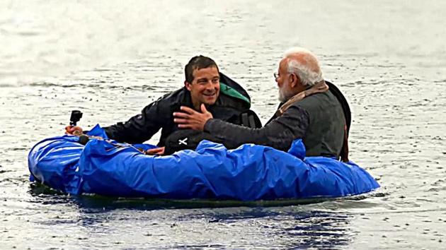 Prime Minister Narendra Modi and popular host and adventurer Bear Grylls during television show 'Man vs Wild' at Jim Corbett National Park in Uttarakhand on Monday.(ANI Photo)