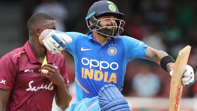 Virat Kohli celebrates his century during the second ODI between the West Indies and India. (Getty Images) Virat Kohli celebrates his century during the second ODI between the West Indies and India. (Getty Images)