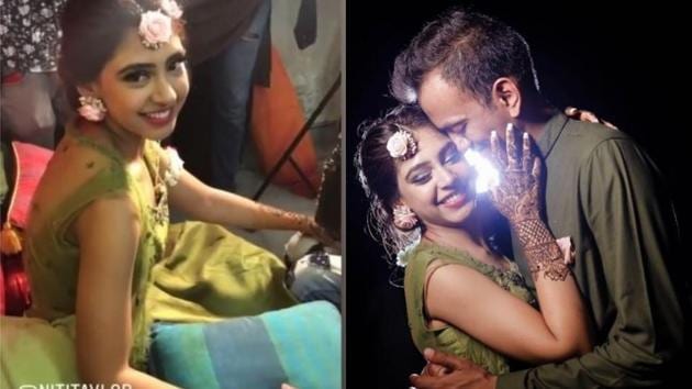 Niti Taylor and beau Parikshit Bawa twinning in green during the mehendi ceremony. (Instagram.) Niti Taylor and beau Parikshit Bawa twinning in green during the mehendi ceremony. (Instagram.)