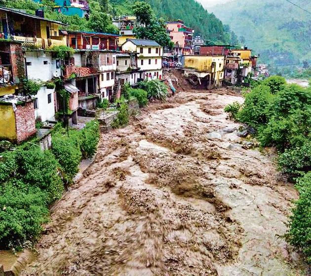 Flood water in Chamoli district of Uttarakhand on Monday. (Photo: PTI) Flood water in Chamoli district of Uttarakhand on Monday. (Photo: PTI)