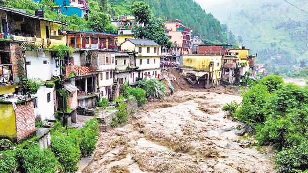 Chamoli: Flood water gush down after a cloudburst in Chamoli district, Monday, Aug 12, 2019)(PTI)