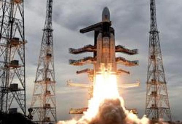 India’s Geosynchronous Satellite Launch Vehicle, GSLV MkIII-M1, successfully launched the 3,840-kg Chandrayaan-2 spacecraft into the earth’s orbit on July 22.(AP Photo) India’s Geosynchronous Satellite Launch Vehicle, GSLV MkIII-M1, successfully launched the 3,840-kg Chandrayaan-2 spacecraft into the earth’s orbit on July 22.(AP Photo)