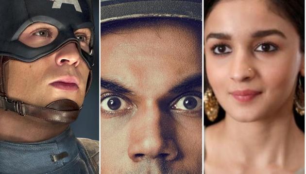 Chris Evans in a still from Captain America: The First Avenger, Rajkummar Rao in Newton, and Alia Bhatt in Raazi.