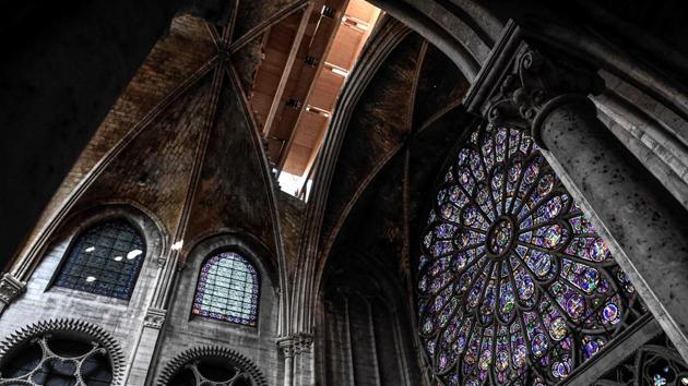 The rosette is seen during preliminary work in the Notre-Dame de Paris Cathedral three months after a major fire on July 17, 2019 in Paris. (Photo: AFP)