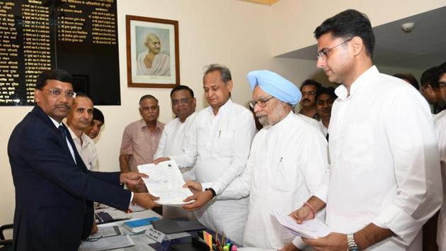Jaipur, India, 13 August 2019 : Former P.M. Manmohan Singh along with C.M. Ashok Gehlot, Deputy C.M.Sachin Pilot and senior leaders of congress, file the nomination as an congress candidate, at state assembly in Jaipur, India, on Tuesday, 13 August 2019. (HT Photo) Jaipur, India, 13 August 2019 : Former P.M. Manmohan Singh along with C.M. Ashok Gehlot, Deputy C.M.Sachin Pilot and senior leaders of congress, file the nomination as an congress candidate, at state assembly in Jaipur, India, on Tuesday, 13 August 2019. (HT Photo)