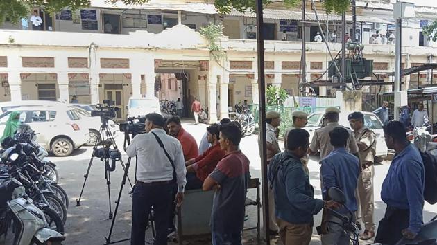 Media personnel outside the District Court ahead of the verdict on the Pehlu Khan mob lynching case, in Alwar on Wednesday. (PTI) Media personnel outside the District Court ahead of the verdict on the Pehlu Khan mob lynching case, in Alwar on Wednesday. (PTI)