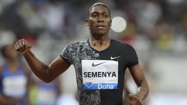 South Africa's Caster Semenya crosses the line to win the gold in the women's 800-meter final.(AP)