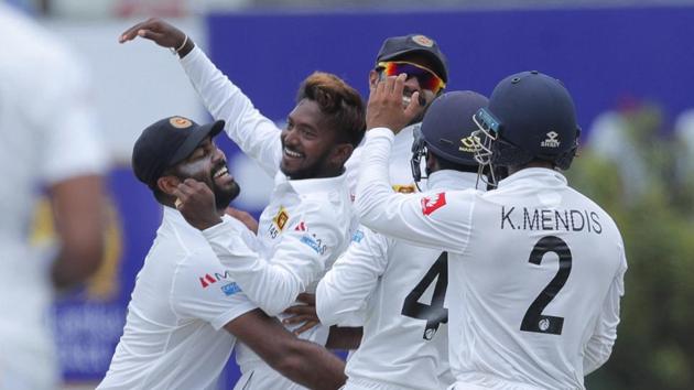 Galle: Sri Lanka's bowler Akila Dananjaya, second left, celebrates taking the wicket of New Zealand's Kane Williamson.(AP)