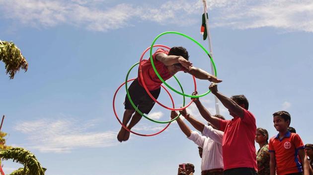 Gymnasts perform during 73rd Independence Day celebrations in Madurai. (PTI) Gymnasts perform during 73rd Independence Day celebrations in Madurai. (PTI)