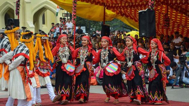 Folk artists perform 'Kullavi' dance as part of the 73rd Independence Day cultural program at Ridge in Shimla. (PTI) Folk artists perform 'Kullavi' dance as part of the 73rd Independence Day cultural program at Ridge in Shimla. (PTI)