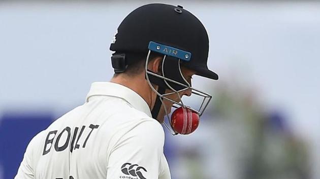 The ball gets stuck into Trent Boult’s helmet grill.(ICC/ Twitter)