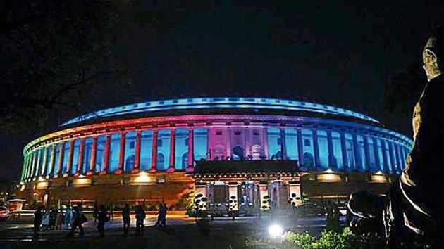 A view of illuminated Parliament House after Prime Minister Narendra Modi inaugurated the Dynamic Facade Lighting of the Parliament House Estate, in New Delhi, India, on Tuesday, August 13, 2019.(Ajay Aggarwal / HT Photo)