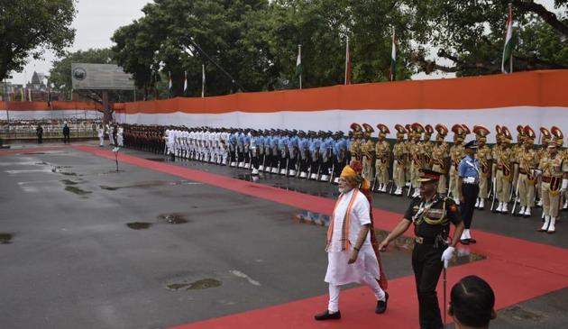 Prime Minister Narendra Modi ahead of his Independence Day speech at Red fort in New Delhi on Thursday. (Vipin/HT photo) Prime Minister Narendra Modi ahead of his Independence Day speech at Red fort in New Delhi on Thursday. (Vipin/HT photo)