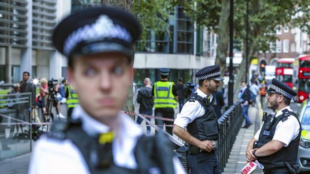 British police secure the area outside the Home Office after reports that a victim staggered into the Home Office reception looking for help after being stabbed in the street Thursday Aug. 15, 2019. A man was stabbed outside Britain's Home Office in London on Thursday afternoon, but his injuries are not thought to be life threatening. (AP) British police secure the area outside the Home Office after reports that a victim staggered into the Home Office reception looking for help after being stabbed in the street Thursday Aug. 15, 2019. A man was stabbed outside Britain's Home Office in London on Thursday afternoon, but his injuries are not thought to be life threatening. (AP)