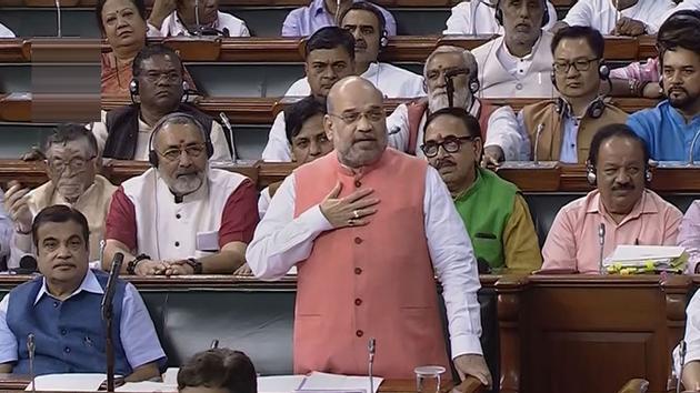 Union home minister, Amit Shah, during the Lok Sabha discussion on the resolution to revoke Article 370, New Delhi, August 6(PTI Photo)