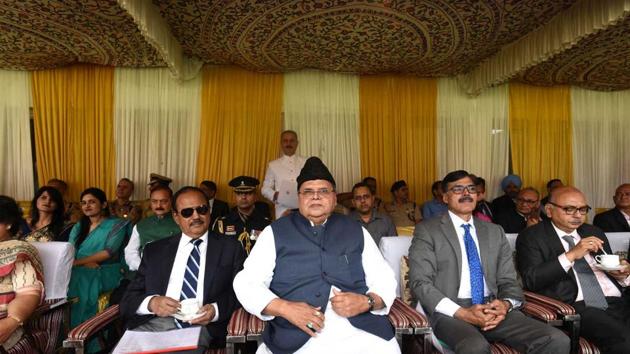 Jammu and Kashmir governor Satya Pal Malik seen along with National Security Advisor Ajit Doval during Independence Day function, at Sher-i-Kashmir cricket stadium, Srinagar, India, on Thursday, August 15, 2019.(Waseem Andrabi / Hindustan Times)