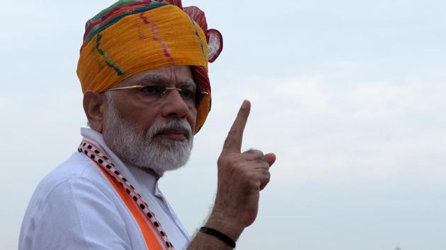 Prime Minister Narendra Modi addresses the nation from the rampart of Red Fort during the 73rd Independence Day, in New Delhi, India, on Thursday, August 15, 2019. (Mohd Zakir/HT PHOTO) Prime Minister Narendra Modi addresses the nation from the rampart of Red Fort during the 73rd Independence Day, in New Delhi, India, on Thursday, August 15, 2019. (Mohd Zakir/HT PHOTO)