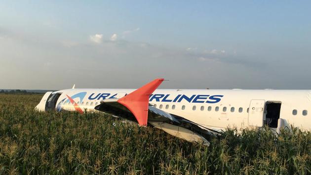 A view shows the Ural Airlines Airbus 321 passenger plane following an emergency landing in a field near Zhukovsky International Airport in Moscow Region, Russia. (Reuters) A view shows the Ural Airlines Airbus 321 passenger plane following an emergency landing in a field near Zhukovsky International Airport in Moscow Region, Russia. (Reuters)
