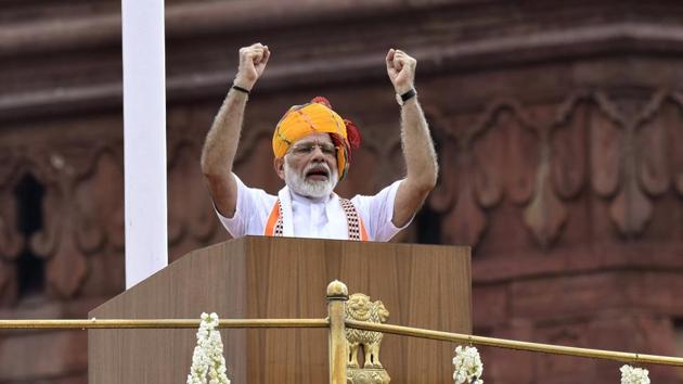 Prime Minister Narendra Modi addressed the nation during Independence Day celebrations from the Red Fort in New Delhi on Thursday, August 15, 2019.(Vipin Kumar/HT PHOTO) Prime Minister Narendra Modi addressed the nation during Independence Day celebrations from the Red Fort in New Delhi on Thursday, August 15, 2019.(Vipin Kumar/HT PHOTO)